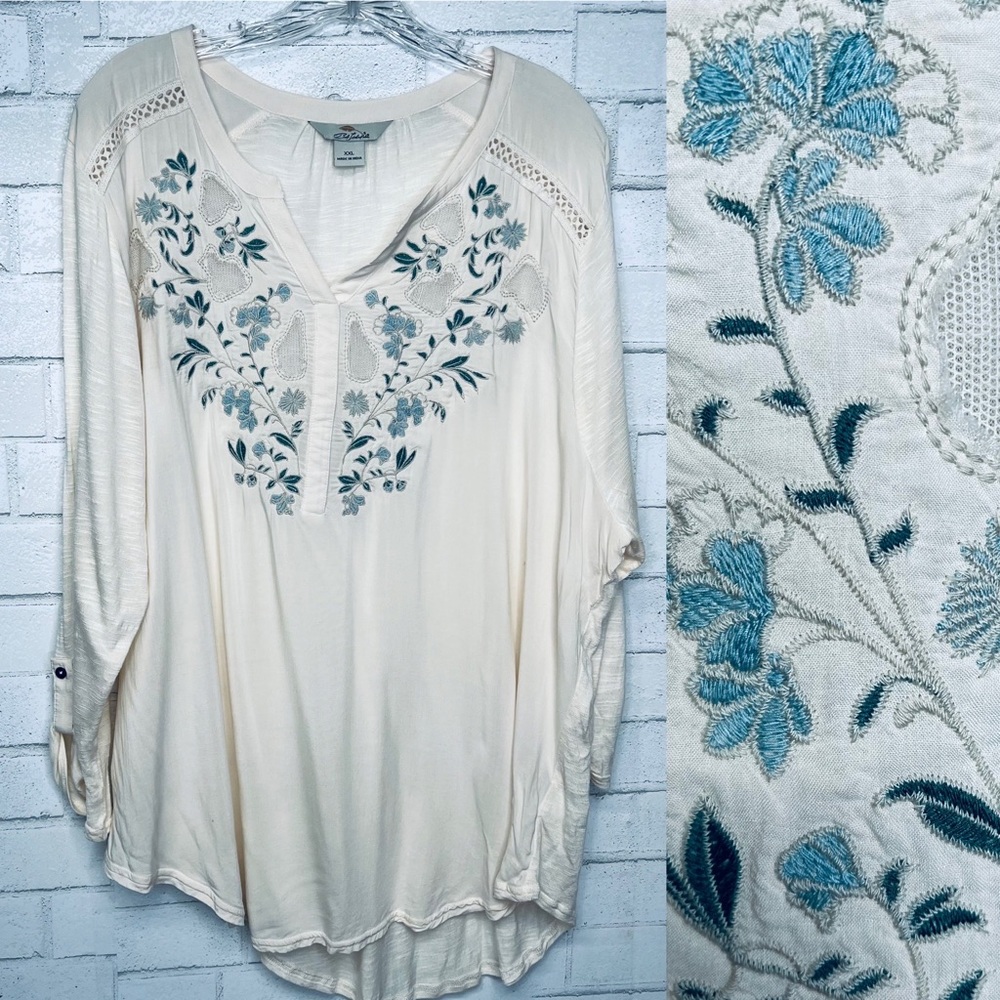 Bob Timberlake floral embroidered boho open lacework top cream blue plus XXL